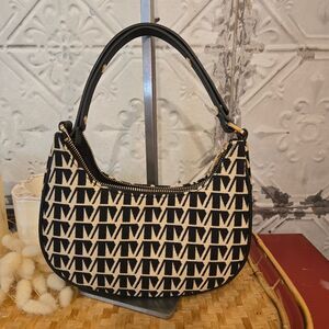 Mango Jacquard Women's Printed Logo Shoulder Bag Y2K Styled Black/Cream Small